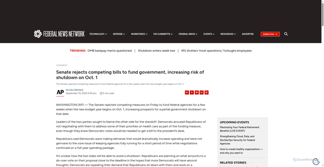 Security scan screenshot of https://federalnewsnetwork.com/congress/2025/09/house-voting-on-funding-patch-as-parties-trade-blame-for-potential-shutdown/