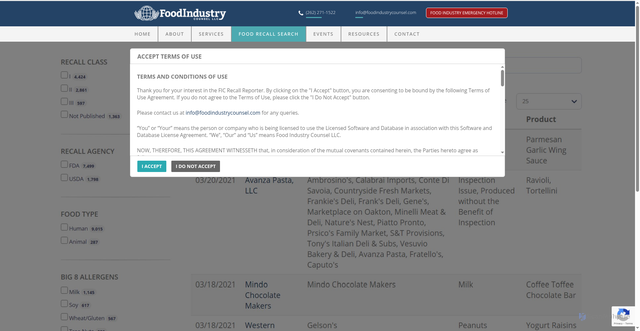 Security scan screenshot of https://www.foodindustrycounsel.com/recalls/