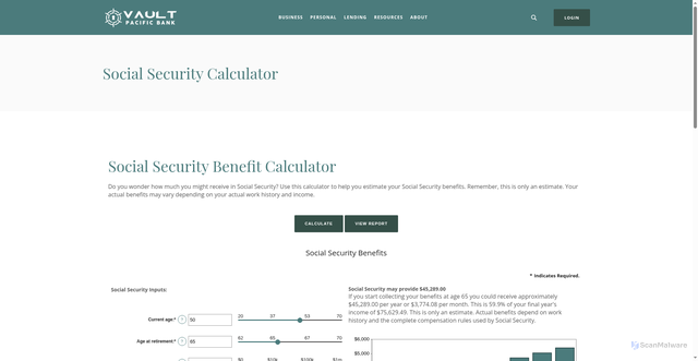 Security scan screenshot of http://vaultpacific.com/calculator/social-security.html