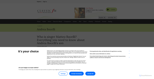 Security scan screenshot of https://www.classicfm.com/artists/andrea-bocelli/son-matteo-bocelli-facts/