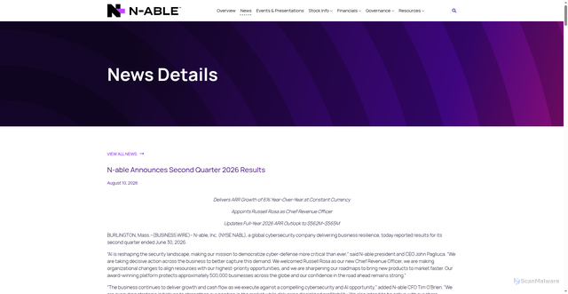 Security scan screenshot of https://investors.n-able.com/news/news-details/2026/N-able-Announces-Second-Quarter-2026-Results/default.aspx