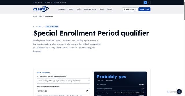 Security scan screenshot of https://cups-insurance.pages.dev/tools/special-enrollment-qualifier/