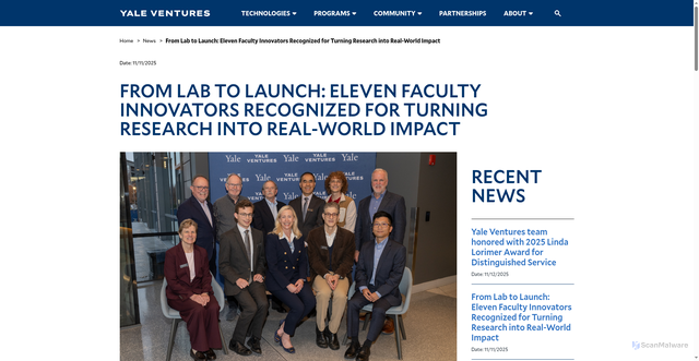 Security scan screenshot of https://ventures.yale.edu/news/lab-launch-eleven-faculty-innovators-recognized-turning-research-real-world-impact