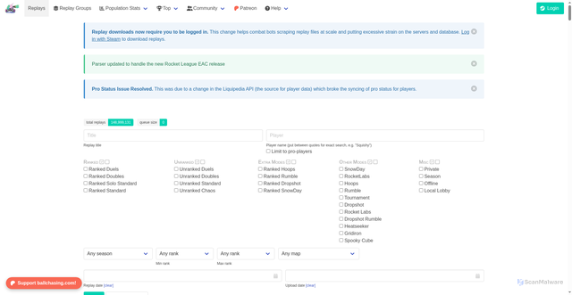 Security scan screenshot of https://ballchasing.com