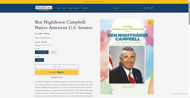 Security scan screenshot of https://mitchelllanepub.com/products/ben-nighthorse-campbell-native-american-u-s-senator?srsltid=AfmBOooMUuEwakGNId5ns7BJnj5d2VovxiaC3foRK3Z9iFDJQ2sWtWy8