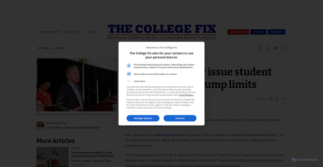 Security scan screenshot of https://www.thecollegefix.com/connecticut-considers-issuing-student-loans-to-offset-trump-limits/