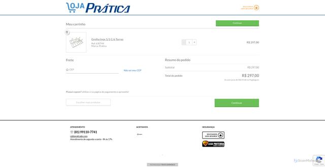 Security scan screenshot of https://loja.praticabr.com/loja/cartService.php?loja=447176&acao=incluir&IdProd=4