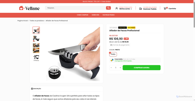 Security scan screenshot of https://lojavelanne.com/products/afiador-de-facas-profissional