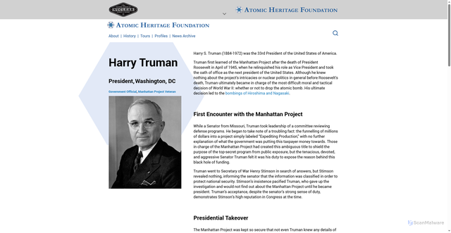 Security scan screenshot of https://ahf.nuclearmuseum.org/ahf/profile/harry-truman/
