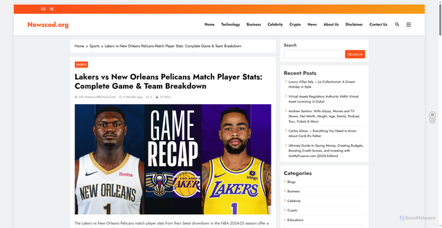 Security scan screenshot of https://newscod.org/lakers-vs-new-orleans-pelicans-match-player-stats/