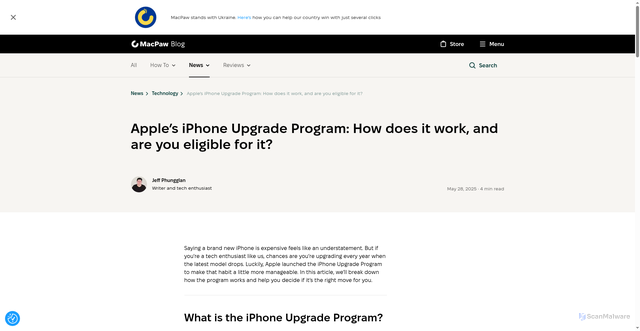 Security scan screenshot of https://macpaw.com/news/iphone-upgrade-program