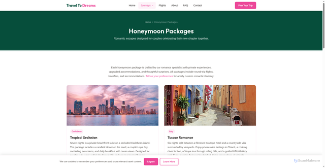 Security scan screenshot of https://traveltodreams.pages.dev/honeymoon-packages
