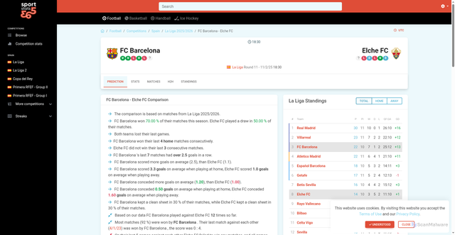 Security scan screenshot of https://sportstats365.com/football/la-liga/2025-2026/compare/barcelona-fc/elche-fc/1018495