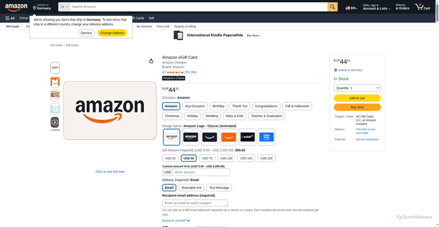Security scan screenshot of https://fseryy.pages.dev/Amazon-eGift-Card-Classic-Animated/dp/B01M1NQ1CE?pf_rd_p=f48567e1-5fd4-416a-a01c-fe4d73966da9&pf_rd_r=06CM176ZSW8HP3EHPSBP&ref_=US_GC_AGC_P1_25_STND_B01M1NQ1CE