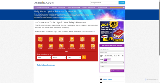 Security scan screenshot of https://www.astroica.com/western-astrology/horoscope.php