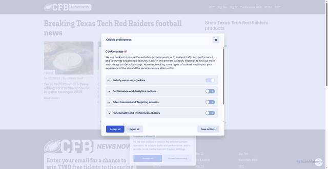 Security scan screenshot of https://cfbnewsnow.com/teams/texas-tech-red-raiders-football/