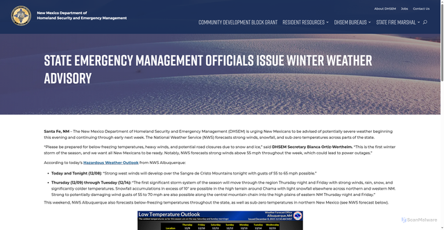 Security scan screenshot of https://www.dhsem.nm.gov/state-emergency-management-officials-issue-winter-weather-advisory/