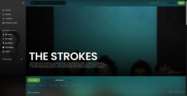 Security scan screenshot of https://www.play.listnmusic.com/artist/3001614/the-strokes