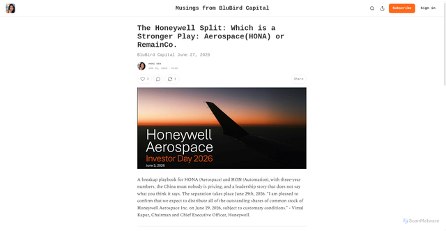 Security scan screenshot of https://senanni.substack.com/p/the-honeywell-split-which-is-a-stronger