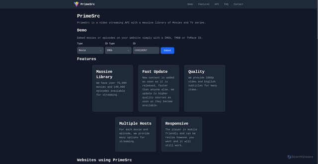 Security scan screenshot of https://primesrc.me