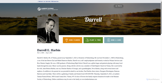Security scan screenshot of https://www.lamberttatman.com/obituaries/darrell-harbin