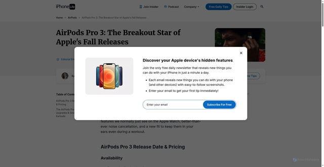 Security scan screenshot of https://www.iphonelife.com/content/airpods-pro-3