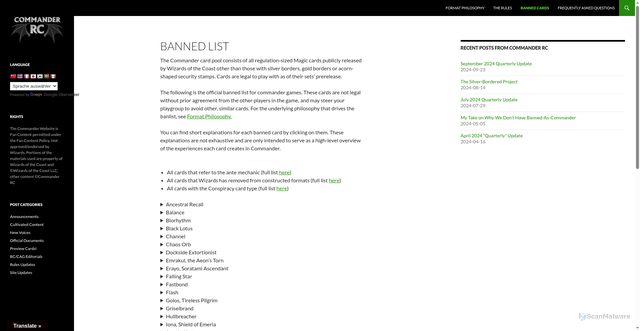 Security scan screenshot of https://mtgcommander.net/index.php/banned-list/