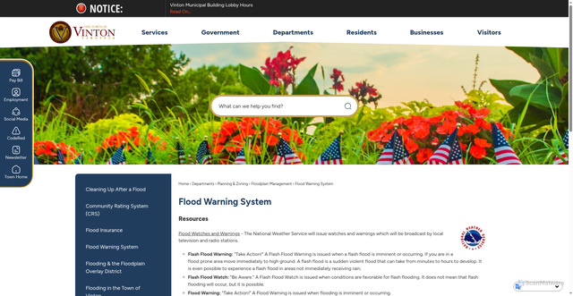 Security scan screenshot of https://www.vintonva.gov/411/Flood-Warning-System