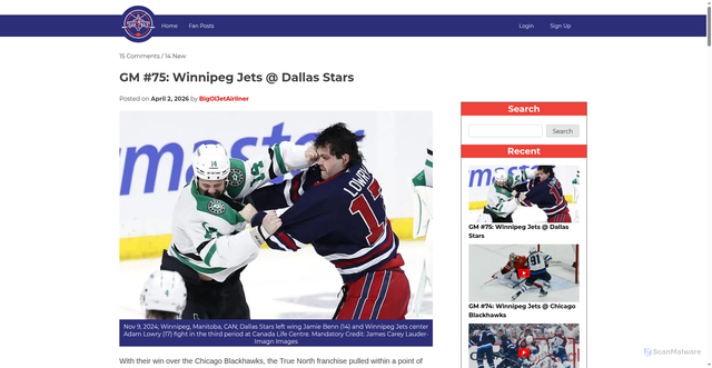Security scan screenshot of https://www.arcticicehockey.com/gm-75-winnipeg-jets-dallas-stars/