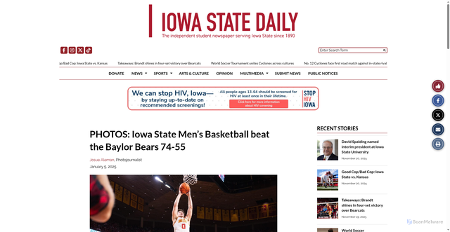 Security scan screenshot of https://iowastatedaily.com/307558/sports/photos-iowa-state-mens-basketball-beat-the-baylor-bears-74-55/