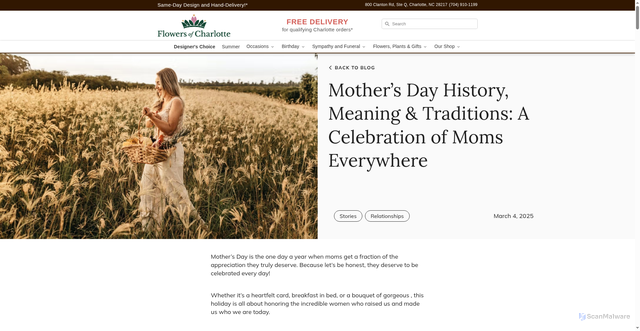 Security scan screenshot of https://www.flowersofcharlotte.com/blog/the-history-of-mothers-day?srsltid=AfmBOoocl_X4A74i0VsqRLA0WKR5aJOcfi6muMzbVG9dg722FBTB--G5