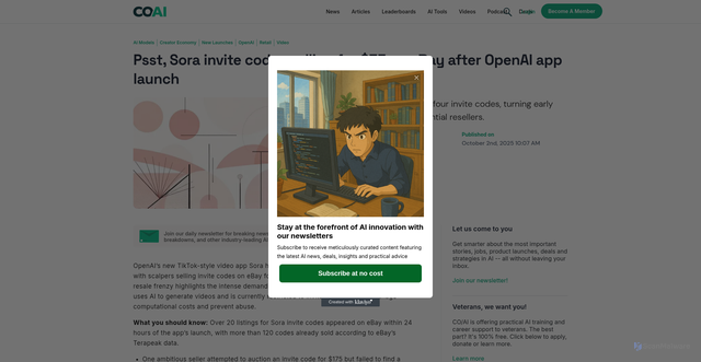 Security scan screenshot of https://getcoai.com/news/sora-invite-codes-selling-for-35-on-ebay-after-openai-app-launch/