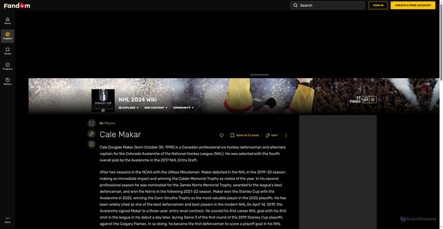 Security scan screenshot of https://nhl-2024.fandom.com/wiki/Cale_Makar