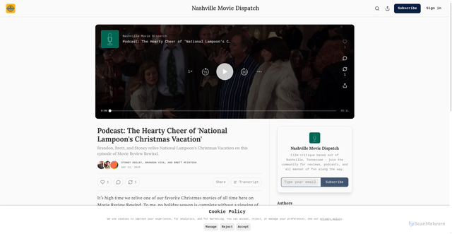 Security scan screenshot of https://nashvillemoviedispatch.substack.com/p/podcast-the-hearty-cheer-of-national