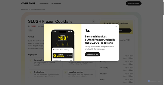 Security scan screenshot of https://frankiapp.com/business/slush-frozen-cocktails-495138