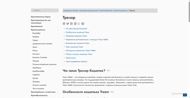 Security scan screenshot of https://docs.koinize.com/ru/crypto-wallets/trezor/
