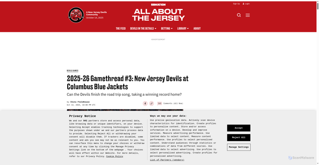 Security scan screenshot of https://www.allaboutthejersey.com/devils-games/61809/2025-26-gamethread-3-new-jersey-devils-at-columbus-blue-jackets