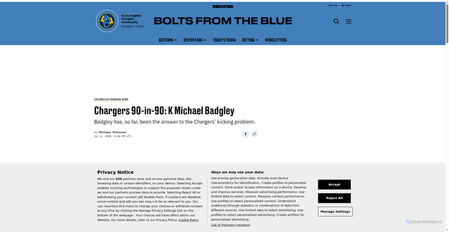 Security scan screenshot of https://www.boltsfromtheblue.com/2020/7/6/21308737/chargers-news-nfl-michael-badgley-miami