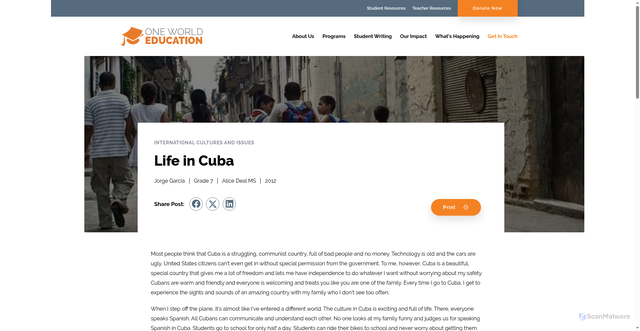 Security scan screenshot of https://www.oneworldeducation.org/our-students-writing/life-in-cuba/