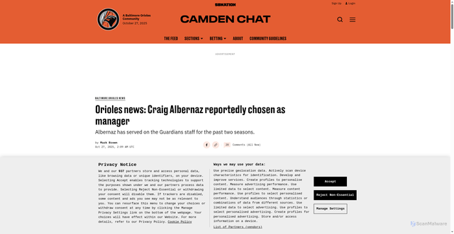Security scan screenshot of https://www.camdenchat.com/baltimore-orioles-news/62196/orioles-news-craig-albernaz-manager