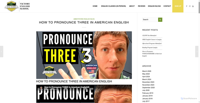 Security scan screenshot of https://victoryenglishschool.com/how-to-pronounce-three-in-american-english/