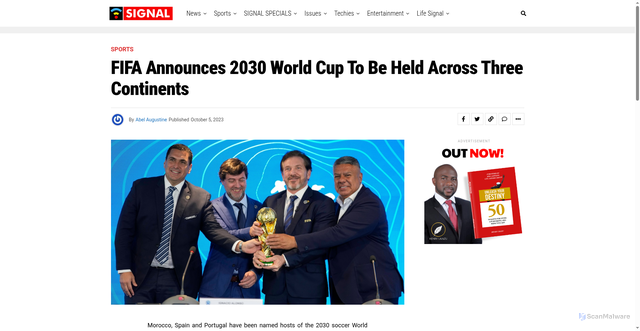 Security scan screenshot of https://www.signalng.com/fifa-announces-2030-world-cup-to-be-held-across-three-continents/