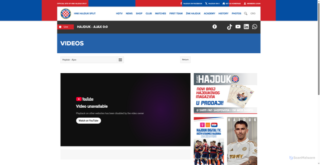 Security scan screenshot of https://hajduk.hr/eng/video/hajduk-ajax-/1448
