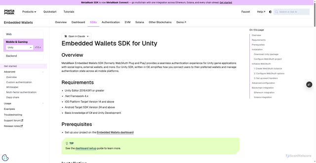 Security scan screenshot of https://metamask-docs-p13jojaa8-consensys-ddffed67.vercel.app/embedded-wallets/sdk/unity