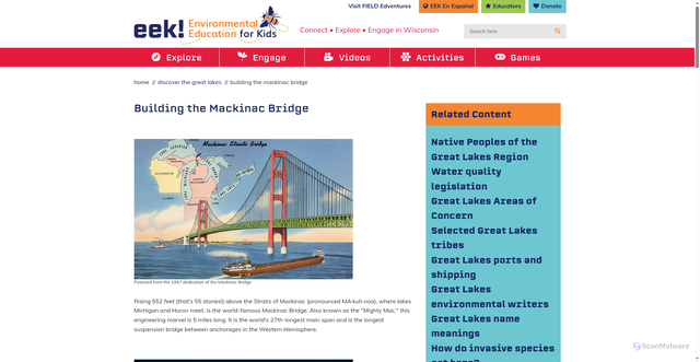 Security scan screenshot of https://www.eekwi.org/great-lakes/humans-and-great-lakes/building-mackinac-bridge