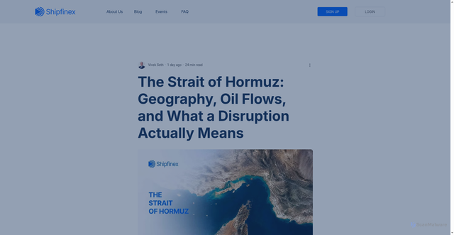 Security scan screenshot of https://www.shipfinex.com/blog/strait-of-hormuz