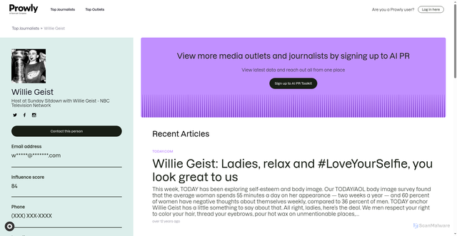 Security scan screenshot of https://prowly.com/profiles/journalists/willie-geist