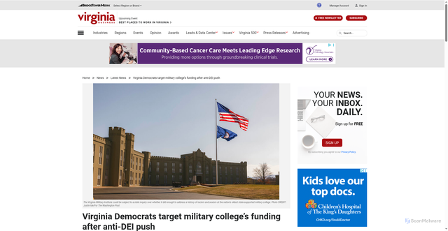 Security scan screenshot of https://virginiabusiness.com/virginia-democrats-vmi-state-funding-task-force/