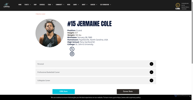 Security scan screenshot of https://www.scarboroughshootingstars.ca/jermaine-cole---bio-page