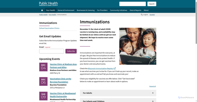 Security scan screenshot of https://publichealthmdc.com/your-health/immunizations